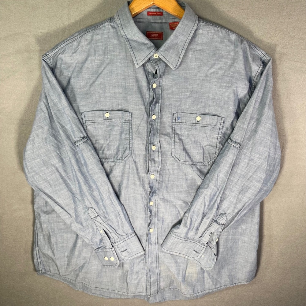 IZOD‎ Luxury Sport Mens XXL Button Up Shirt Vintage Wash Blue Cotton